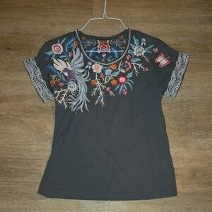 Johnny Was Gray Short-Sleeve Tee with Multicolor Floral Embroidery